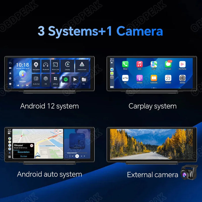10.26" Android 12 Car DVR with Wireless CarPlay  Screen and GPS