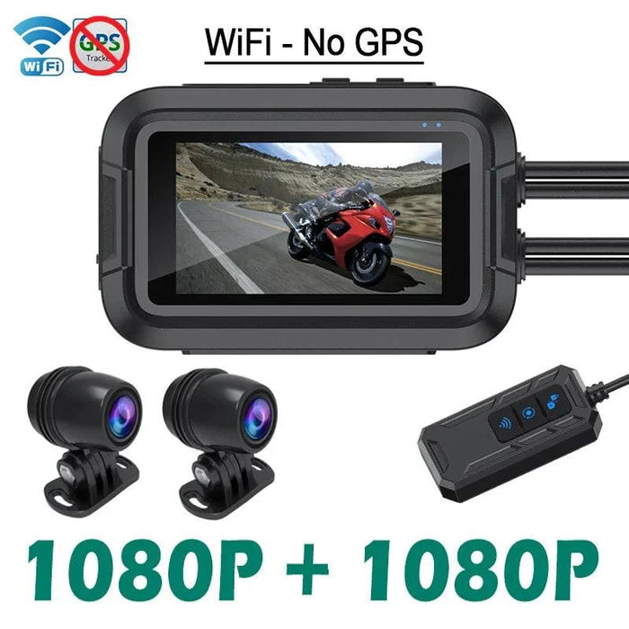 Black dual 1080P motorcycle DVR and waterproof dash cam with WiFi and 64GB storage