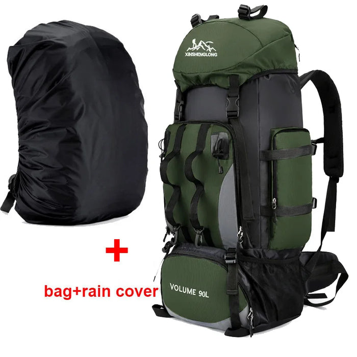 Waterproof hiking backpack in army green with 90L capacity and included rain cover for camping, trekking, and travel