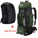 Waterproof hiking backpack in army green with 90L capacity and included rain cover for camping, trekking, and travel