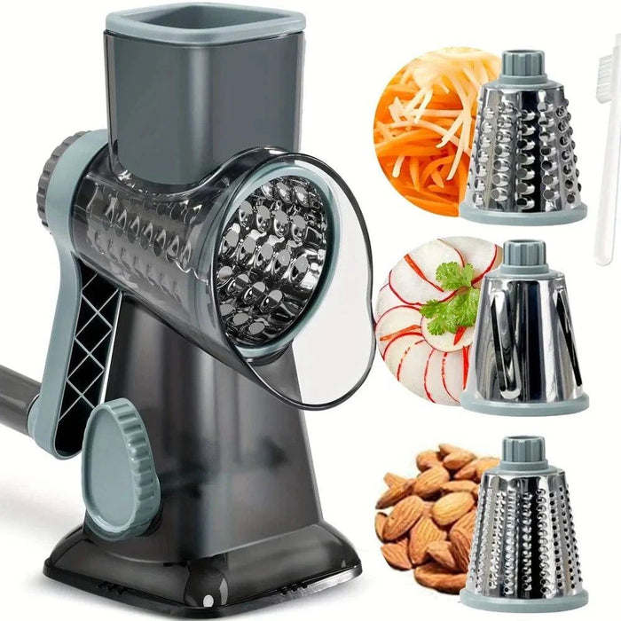 Rotary manual cheese grater with 3 interchangeable blades for easy shredding