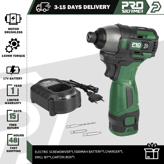 Powerful 140Nm brushless electric screwdriver with 17V cordless drill and rechargeable 1500mAh battery