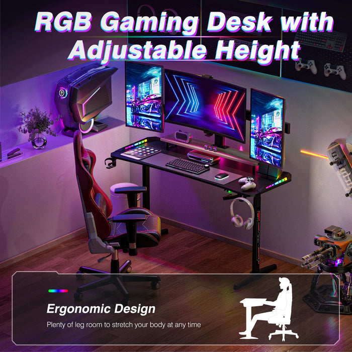 Adjustable RGB Gaming Desk with Cup and Headphone Holder