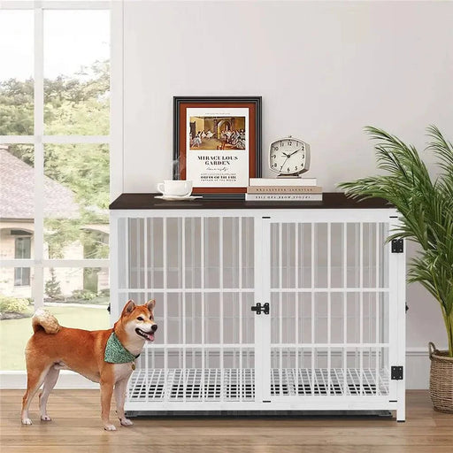 
Stylish and functional dog crate with removable tray and furniture-style design