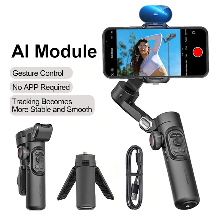 AI Tracking Module, Handheld Gimbal Stabilizer, Tripod, Charging Cable, User Manual package contents