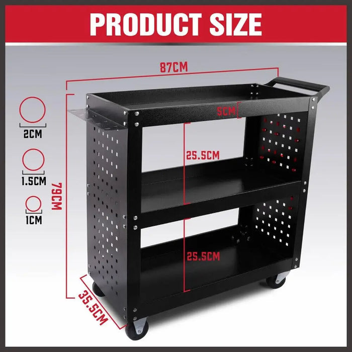 Heavy Duty Tool Cart Trolley 150kg Capacity, Pegboard, Swivel Lock Wheels & Side Tool Tray