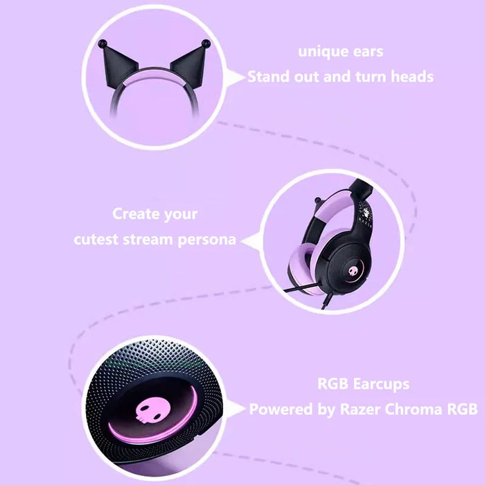 Wired Kuromi Headset with RGB Lights, TriForce Drivers & Mic