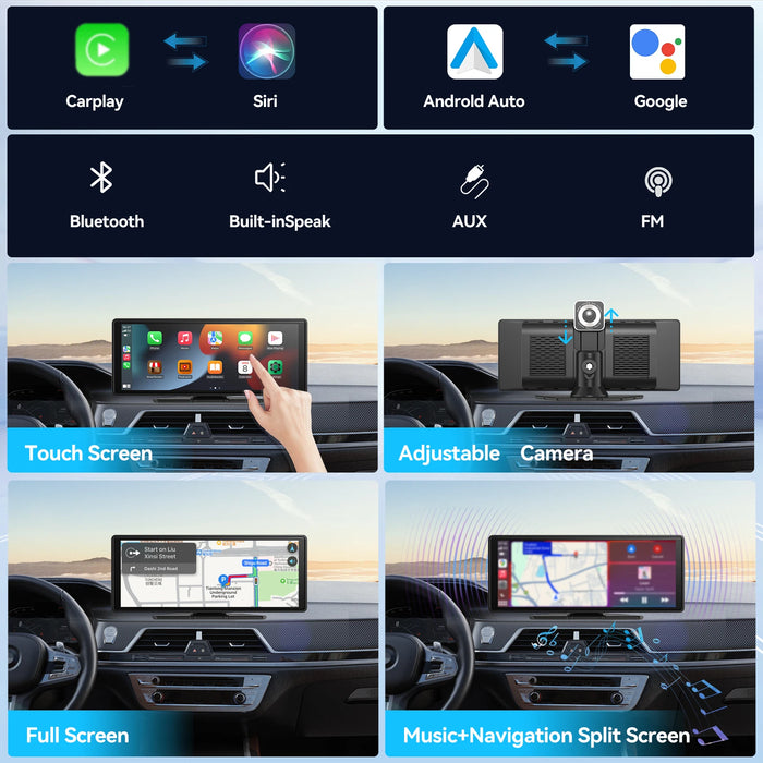 10" CarPlay Display with 1080p Dash Cam & Rear View TF Support
