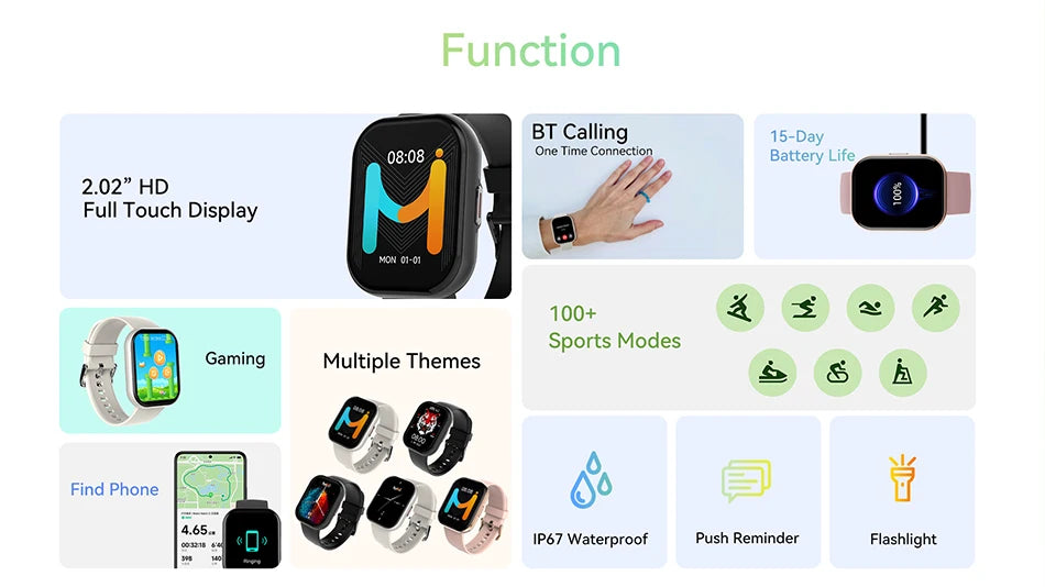 Black smart watch with waterproof design, 15-day battery life, and Bluetooth calling feature