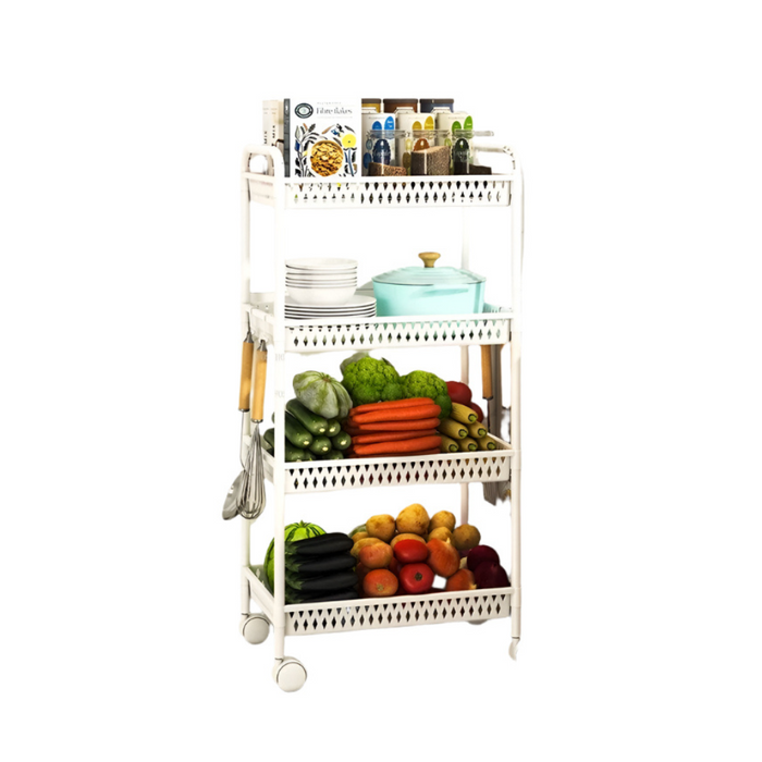 Rolling 4-Tier Storage Organizer for Kitchen or Pantry  A White-4 layers
