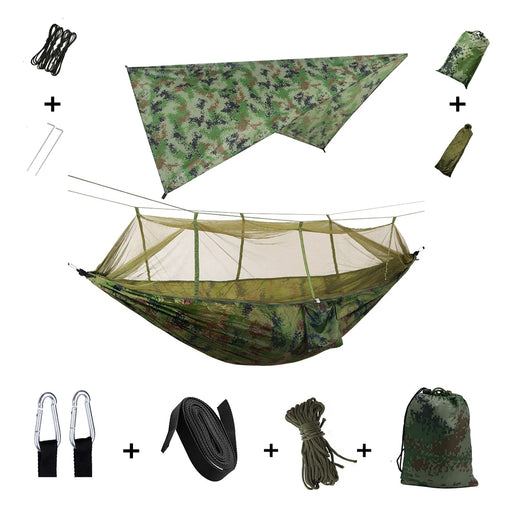 Mosquito net camping hammock with camouflage design for outdoor adventure