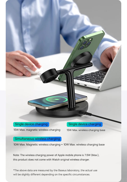 Wireless charging stand for iPhone 12/13/14 series, Apple Watch, and AirPods