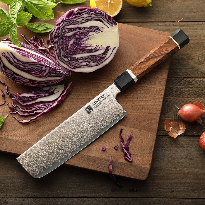 Nakiri Kitchen Knife, 7" Damascus Blade with Wood Cover