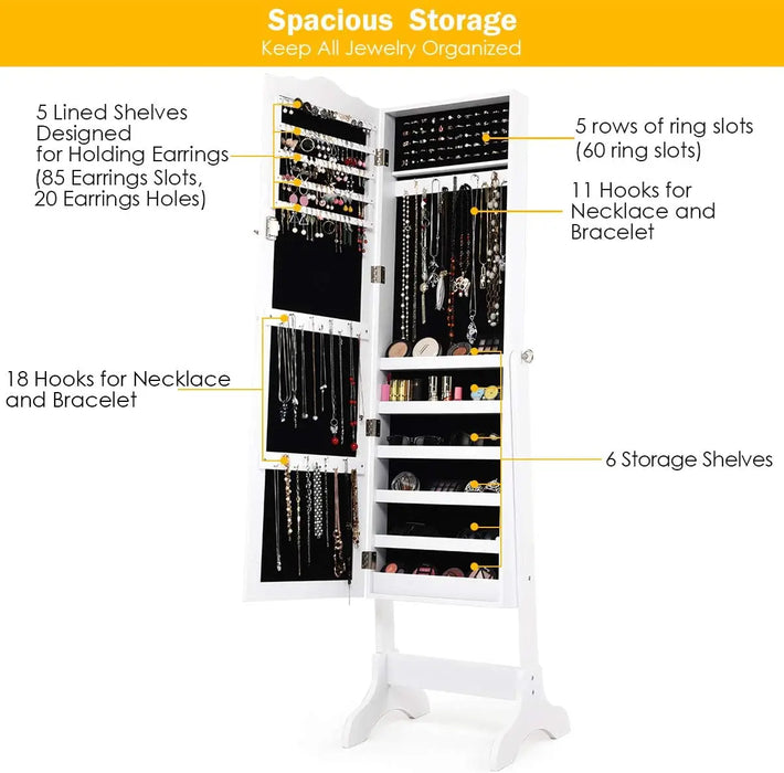 Standing Jewelry Organizer with Full-Length Mirror Multiple Shelves, Hooks & Lock