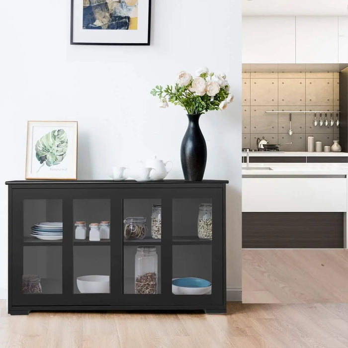 Modern Wood Sideboard with Sliding Glass Doors and Adjustable Shelves Black