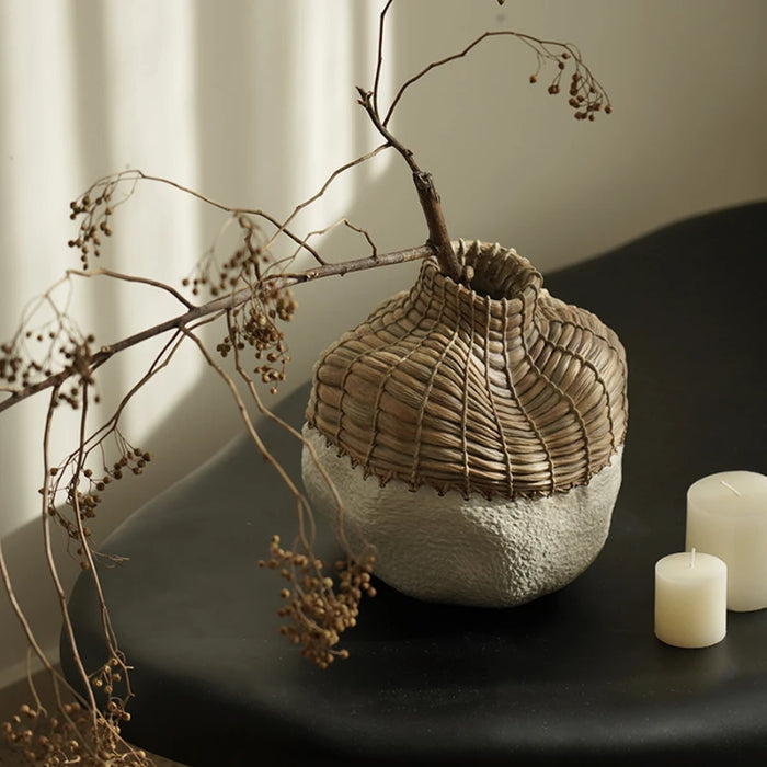 Decorative Resin Flower Vase with Rattan Patchwork Design