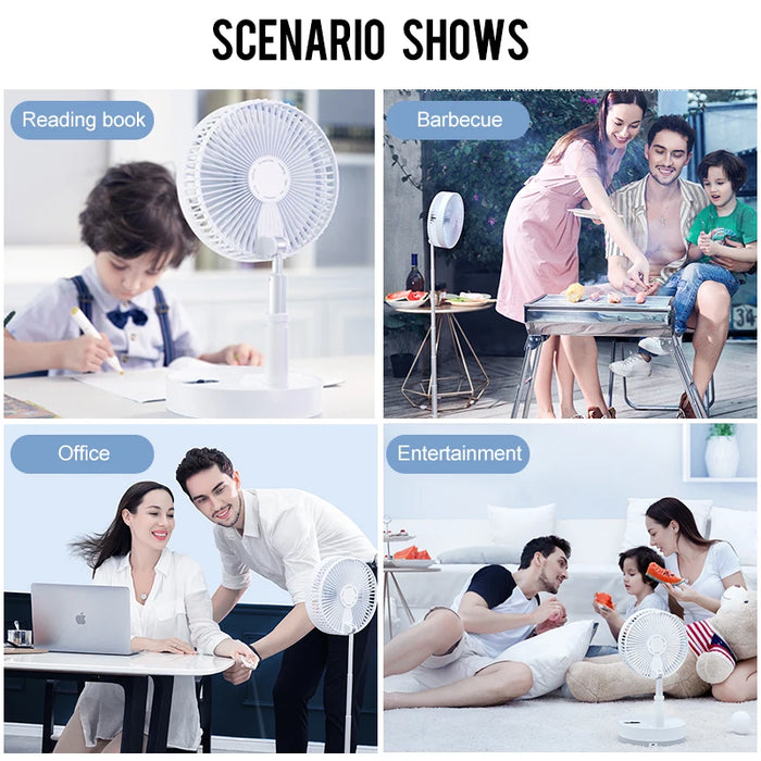 Portable white folding rechargeable fan with 10800mAh battery, USB, and remote control