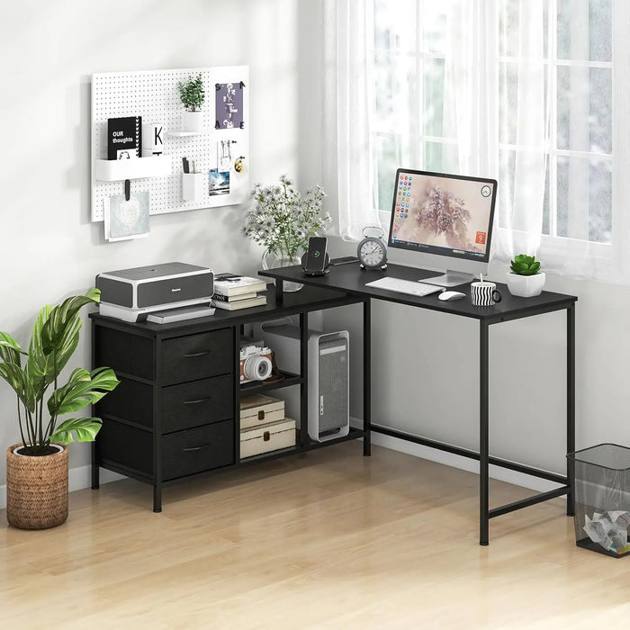 Large Convertible Office Desk with Built-In Power Outlet, 3 Fabric Drawers & Mesh Shelves 205cm