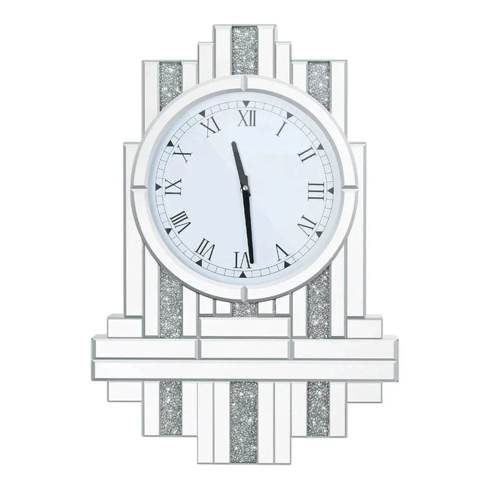 Large silver crystal wall clock with mirror featuring crushed diamond effect