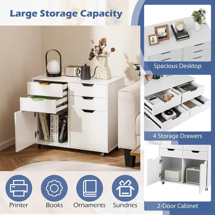 Mobile Wood Storage Cabinet with 4 Drawers, 2 Doors & 5 Wheels Rolling Printer Stand for Home or Office