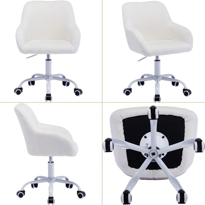 Adjustable Swivel Desk Chair Plush Faux Fur Upholstery with White Wheels for Home or Study Room