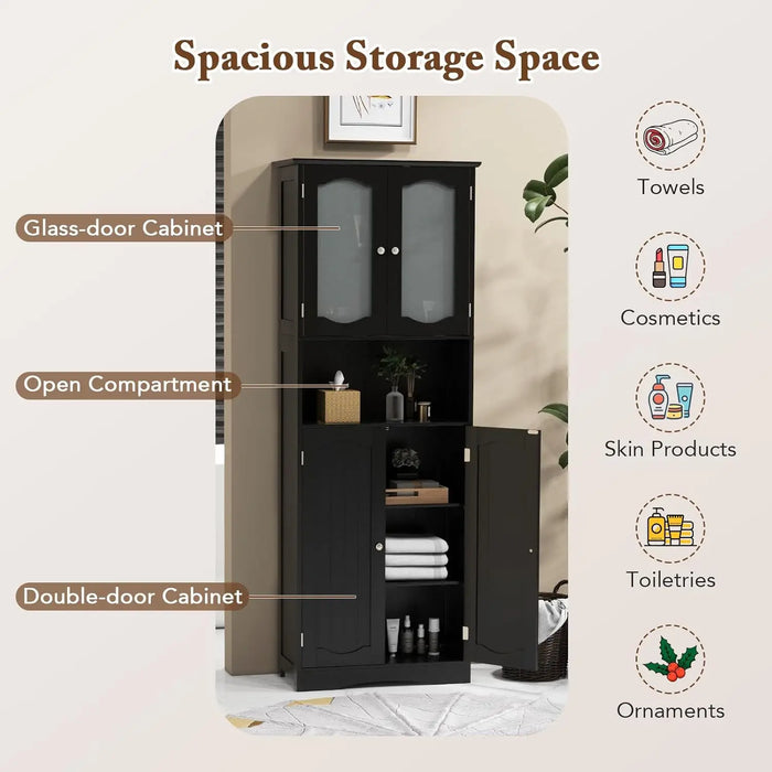 Tall Freestanding Storage Cabinet with Frosted Glass Doors, Adjustable Shelves and Open Compartment