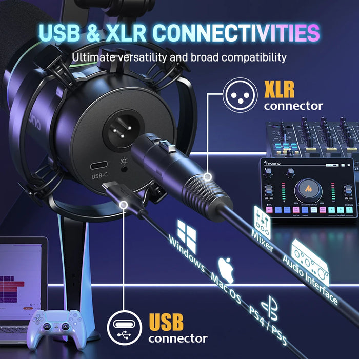 Studio Microphone Black USB/XLR, RGB, Real-Time Monitoring
