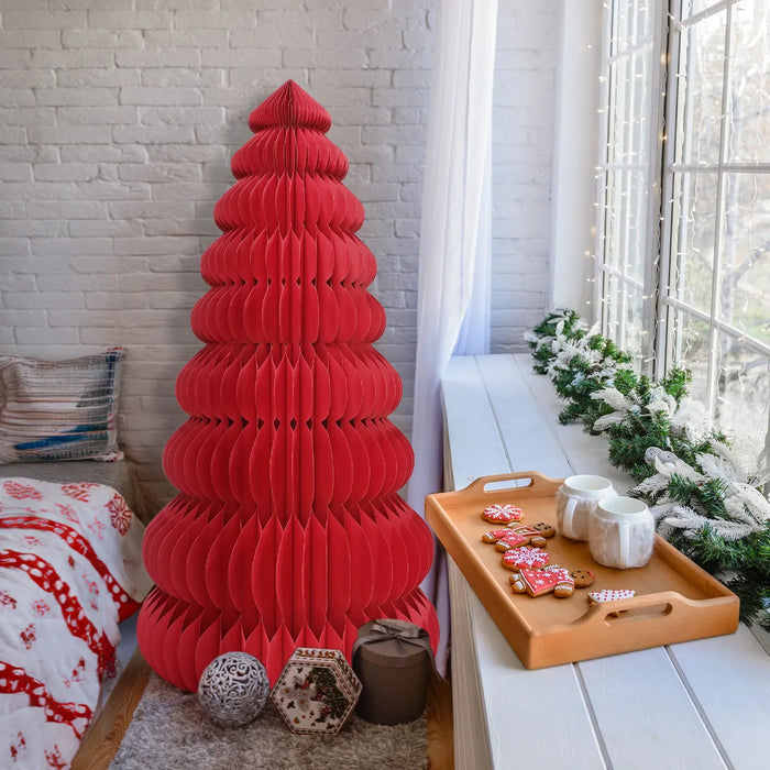 Foldable Red Paper Christmas Tree Honeycomb Decoration