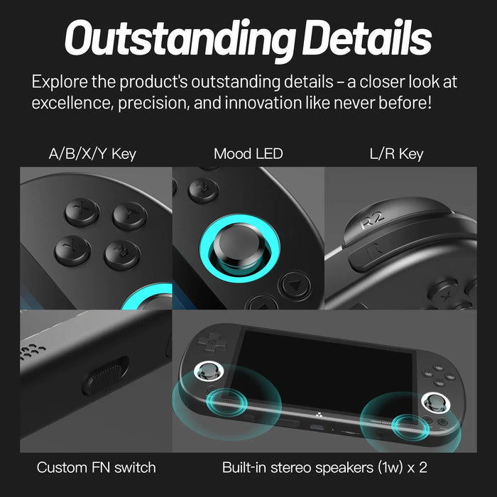 Handheld game console with 5-inch IPS screen, Linux system, joystick, and RGB lighting in grey color - Trimui retro video game player