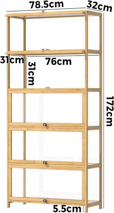 Bamboo Display Cabinet with Clear Door Panels 5 Shelves, Hallway & Living Room Storage
