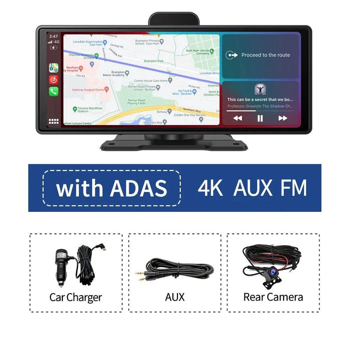 High-resolution 4K dash camera with 26 cm display, ADAS, Wireless CarPlay, Android Auto, GPS, and 5G WiFi capabilities (128gb storage)