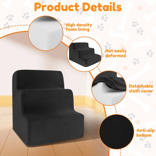 Pet-Friendly Design 3 Step Pet Stairs Soft Foam Non-Slip Washable Cover