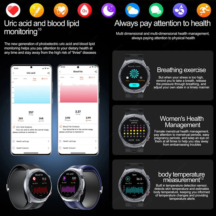 Smartwatch with Blood Sugar ECG Monitor & Bluetooth Calling Black