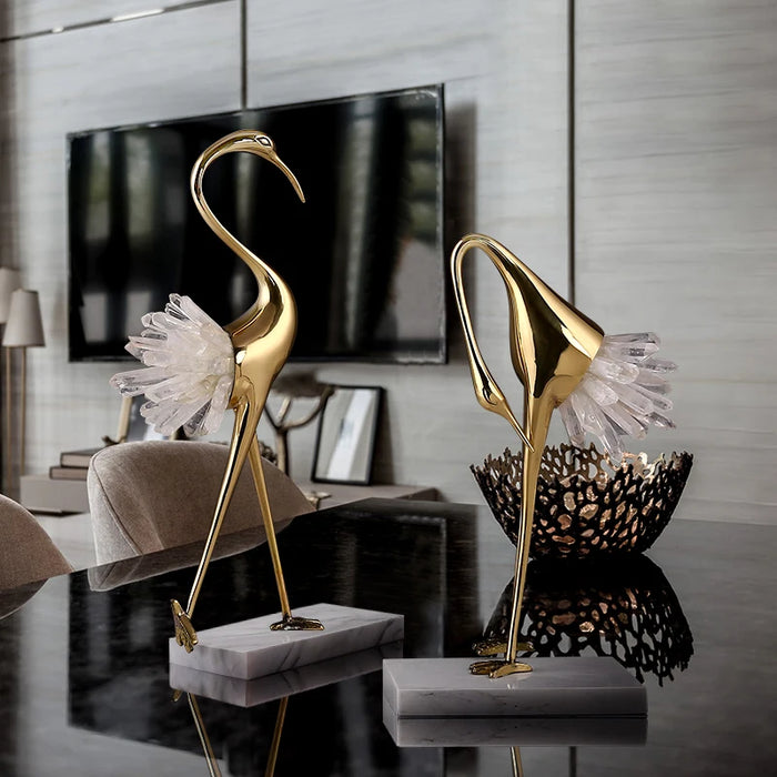 Decorative Swan Statue – Brass Body, Crystal Tail, Marble Base