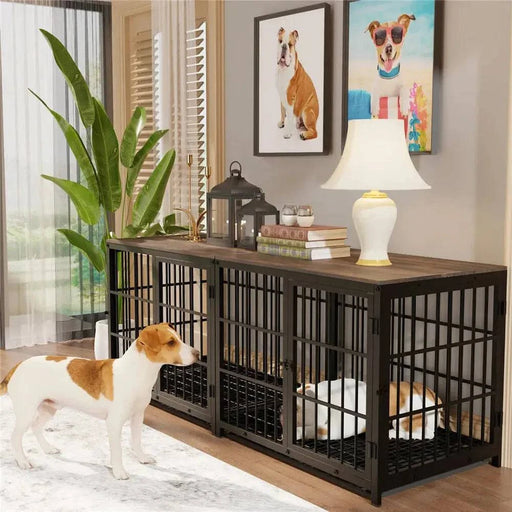 Medium dog crate with metal wire and wooden style, blending seamlessly with home decor
