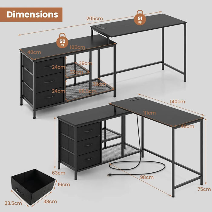 Large Convertible Office Desk with Built-In Power Outlet, 3 Fabric Drawers & Mesh Shelves 205cm