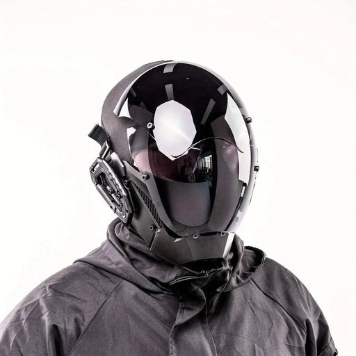 Futuristic black helmet mask with cool mechanical sci-fi design