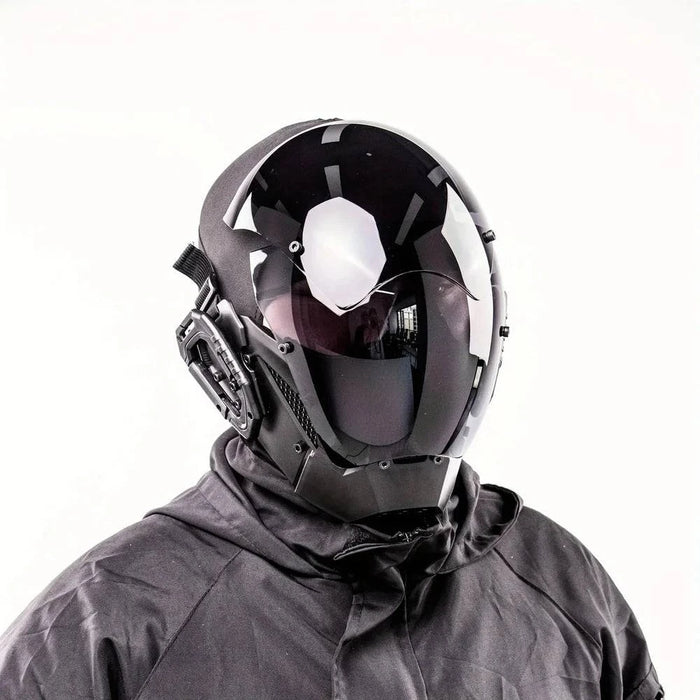 Futuristic black helmet mask with cool mechanical sci-fi design