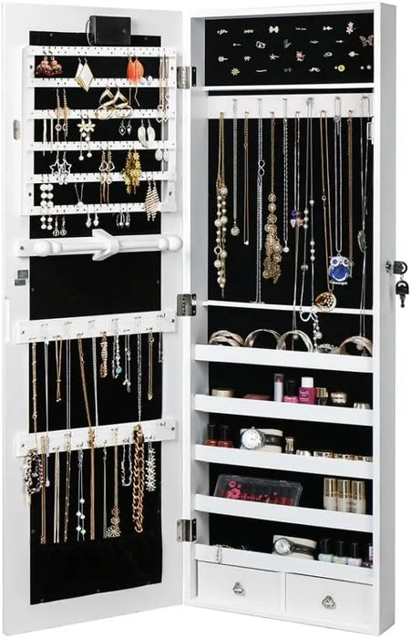 Lockable Jewelry Storage Cabinet with LED Touch Lights & Full-Length Mirror, Wall/Door Mountable