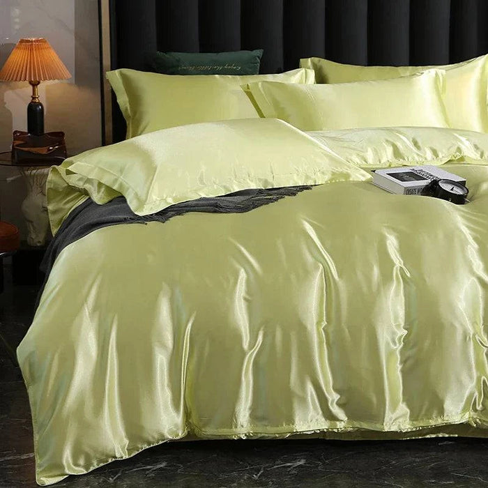 Luxury Satin Bedding Set with Fitted Sheet - High-Density Solid Color Duvet Cover and Pillowcases (Light yellow - 1.2m  4pcs) - FLUXA