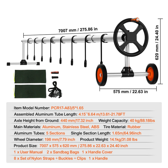 Package Contents include 22ft Pool Cover Reel, 2 Sandbags, Assembly Hardware & Tools, and Instruction Manual
