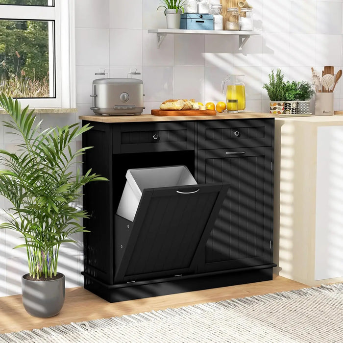 Multi-Use Kitchen Cabinet with Tilt-Out Bin, Rubber Wood Top, 2 Drawers & Adjustable Storage Shelf