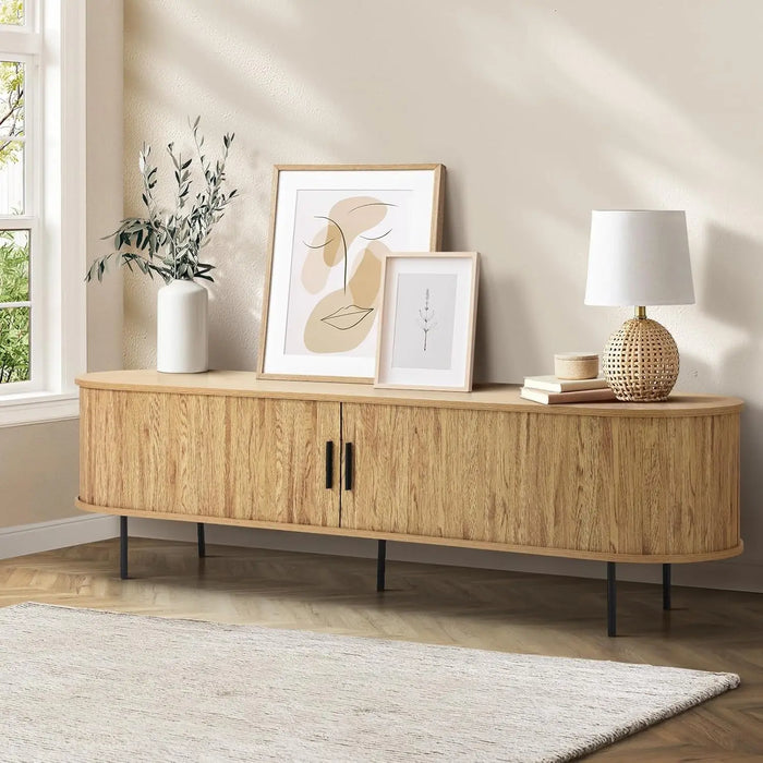 160cm Retro Oak Entertainment Unit with Sliding Tambour Doors and 4 Storage Compartments