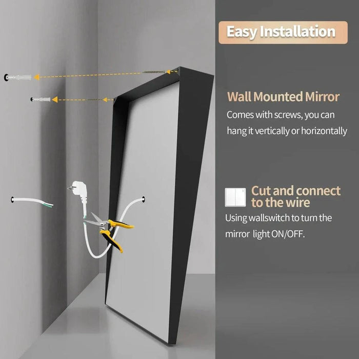60x90 cm LED Illuminated Bathroom Mirror with Fixed Tilt, Smart Front-lit Black Framed Design - FLUXA