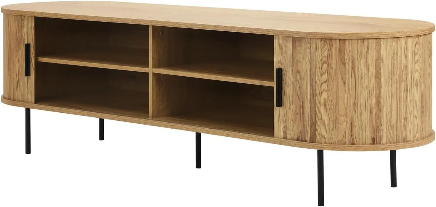 160cm Retro Oak Entertainment Unit with Sliding Tambour Doors and 4 Storage Compartments