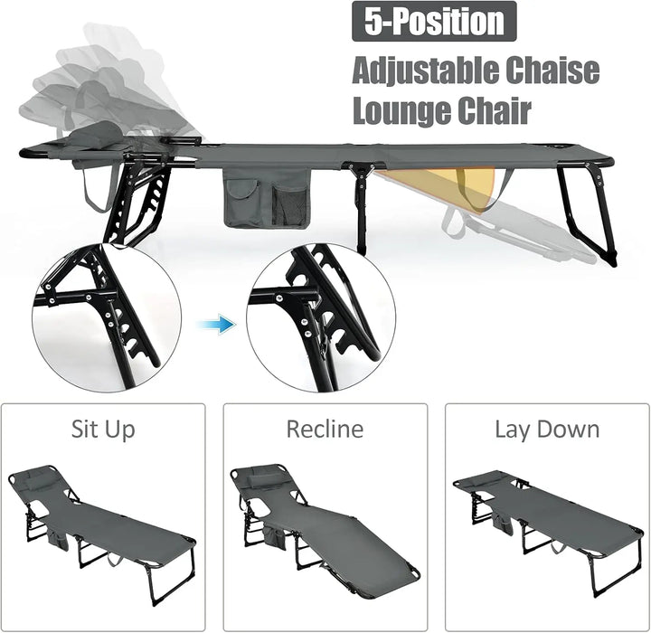 Portable Beach Lounge Chair with Face Opening, Removable Pillow & 5 Reclining Positions