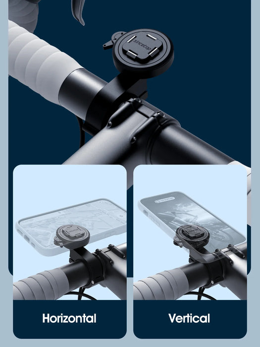 Black aluminum motorcycle handlebar phone mount with quick attach/detach feature