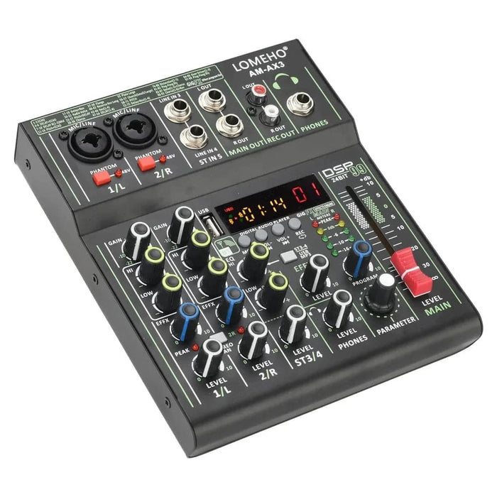 4 Channels Audio Mixer 48V Bluetooth USB with 99 Digital Effects for Recording - FLUXA