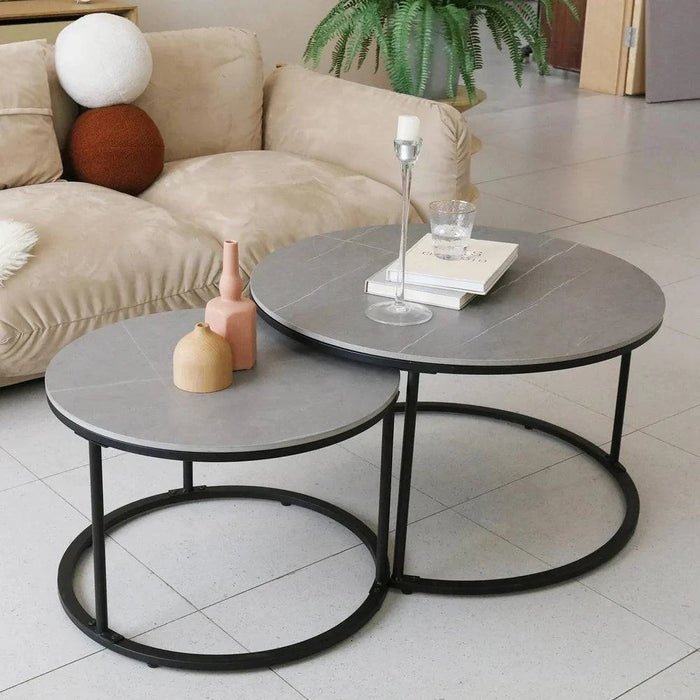 Versatile round nesting tables for use as coffee, side, or bedside tables
