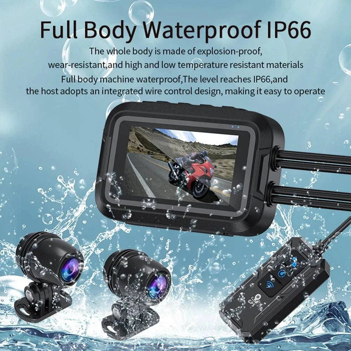 Dual 1080P Motorcycle DVR waterproof dash cam with WiFi and GPS (128GB) power supply cable